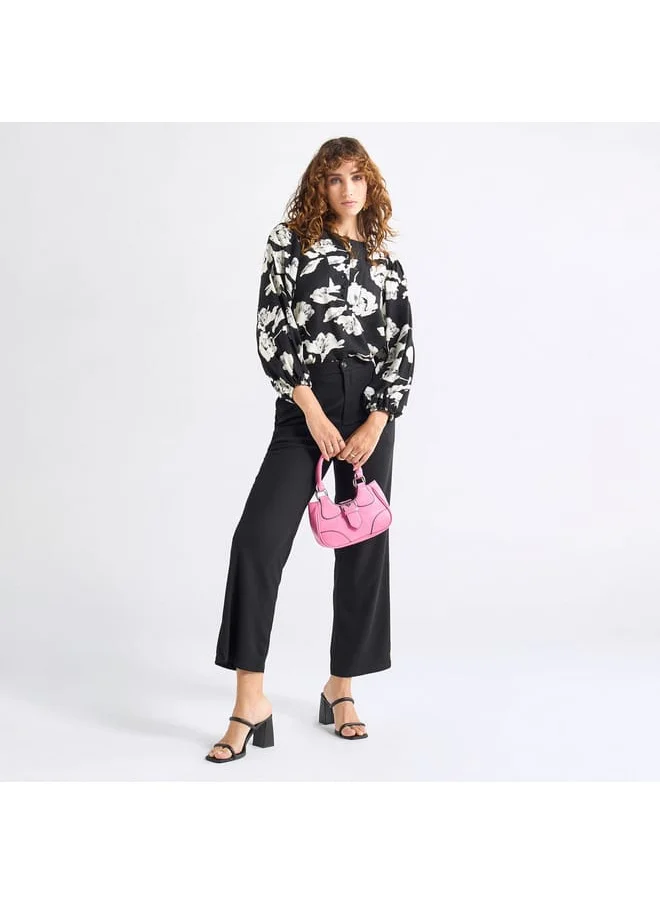 FAV All-Over Floral Print Crew Neck Top with Volume Sleeves