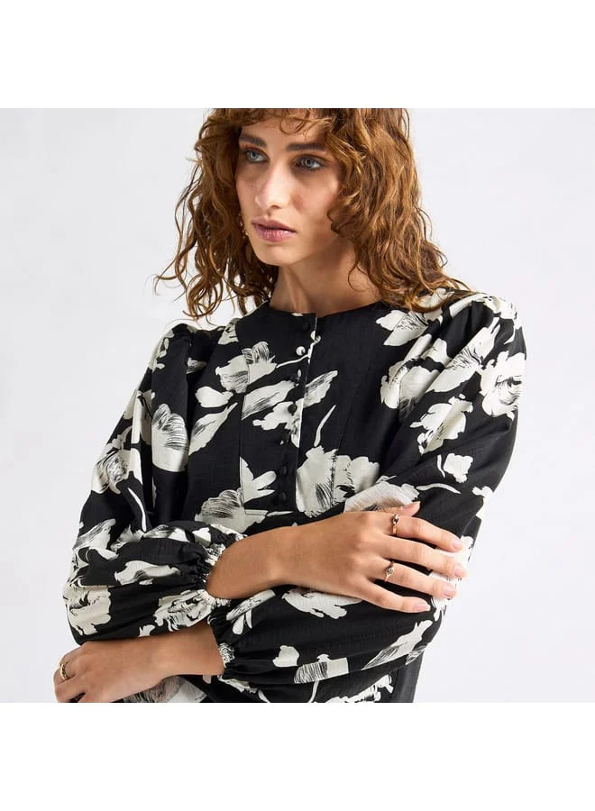 Splash FAV All-Over Floral Print Crew Neck Top with Volume Sleeves