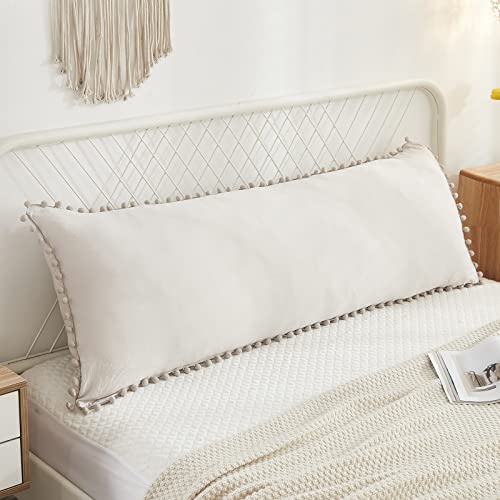MOVE OVER Beige Body Pillow Cover 20x54 inches Long Pillowcases Pom Poms Fringe Design Boho Body Pillow Cover with Pocket Closure - Image 2