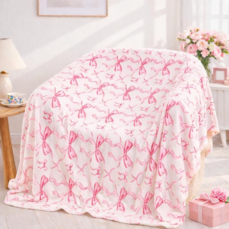 Jungle Star Pink Bow Twin Blanket 60x80 Inch Soft Fleece Blanket for Girls and Women Coquette Aesthetic Room Decor for Bed Couch Chair Preppy Bedroom or Gift Cute Pink Bow Decor Blanket - Image 2