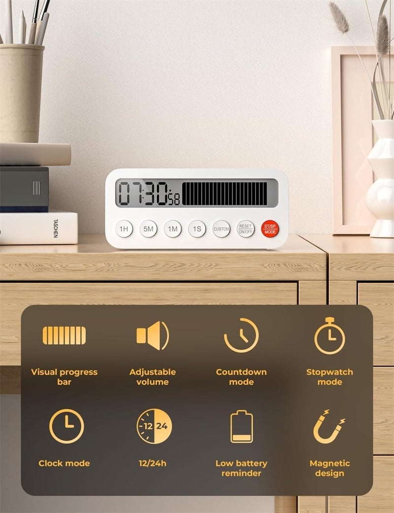 Digital Timer with Countdown Progress Bar, Magnetic Timer for Classroom, 3 Volume Levels, Mute-Low-High, Clock Mode, Memory Function, Timer for Kids - Image 5