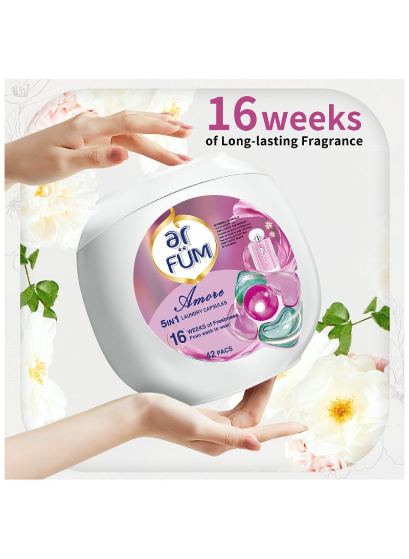 ar FUM ArFum PODS, 5-in-1 Laundry Detergent Capsules with Scent Booster, Detergent Concentrate, Softener, Color Protect, Powerful Stain Remover in 1 capsule, 16 Weeks Long-Lasting Fragrance, 42 Pods, Amore - Image 4