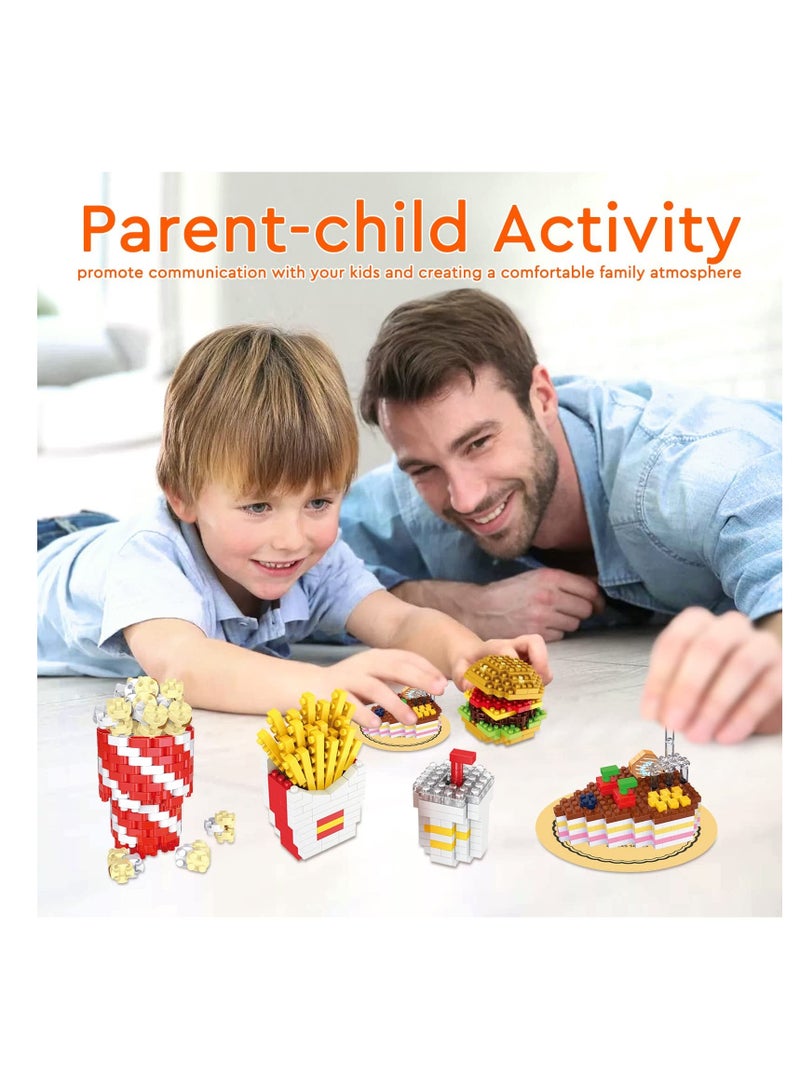 إسكدنيا مجموعة ألعاب كتل البناء الصغيرة مدينة الوجبات السريعة 4 عبوات للأطفال، مجموعة الطوب الصغيرة هدايا حفلة، أكياس الهدايا، هدايا ، حلوى همبرغر، بطاطس مقلية، كعكة، فشار - Image 4