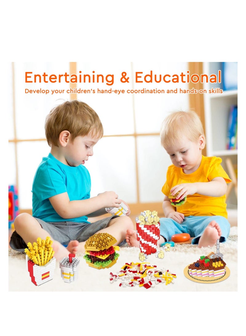 إسكدنيا مجموعة ألعاب كتل البناء الصغيرة مدينة الوجبات السريعة 4 عبوات للأطفال، مجموعة الطوب الصغيرة هدايا حفلة، أكياس الهدايا، هدايا ، حلوى همبرغر، بطاطس مقلية، كعكة، فشار - Image 3