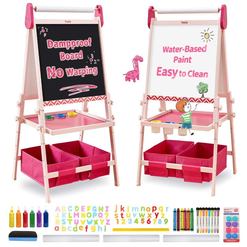 FUNLIO AntiWarping Kids Art Easel 3 Height Adjustable for Kids Aged 28 AllinOne Toddler Easel with Paper Roll  Erasable Frame Standing Easel with Magnetic ChalkboardWhiteboard Pink