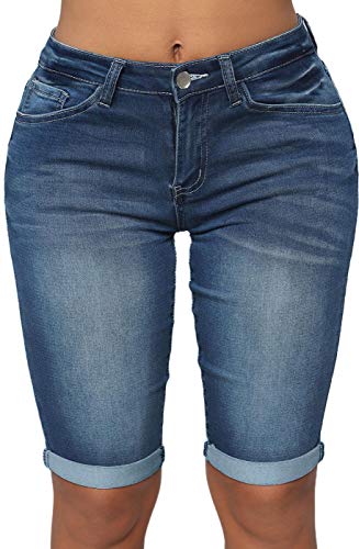roswear Womens Mid Rise Roll Cuff Bermuda Stretch Denim Jean Shorts Blue X-Large - Image 1