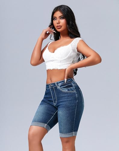 roswear Womens Mid Rise Roll Cuff Bermuda Stretch Denim Jean Shorts Blue X-Large - Image 3