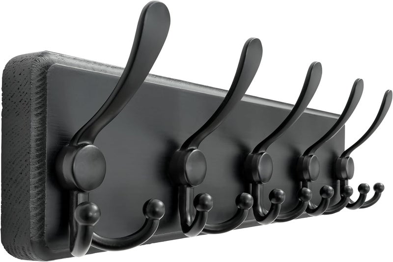 Dseap Coat Rack Wall Mounted - 5 Tri Hooks, Heavy Duty, Wooden Wall Coat Hanger Coat Hook for Clothes Hat Jacket Clothing, Black - Image 1