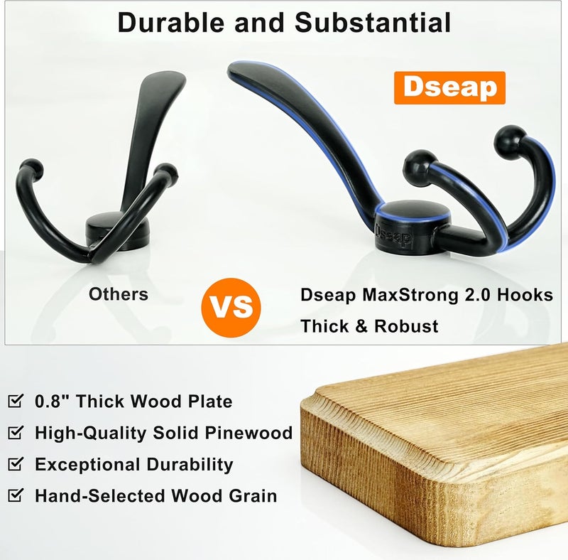 Dseap Coat Rack Wall Mounted - 5 Tri Hooks, Heavy Duty, Wooden Wall Coat Hanger Coat Hook for Clothes Hat Jacket Clothing, Black - Image 3