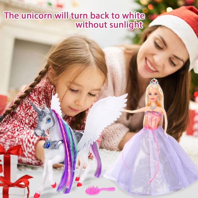 Bettina Color Changing Unicorn & Princess Doll, Color Change on Whole Unicorn Under Sunshine, 11.5'' Princess Doll Toy, Unicorn Toys with Removable Saddle&Wings - Image 4