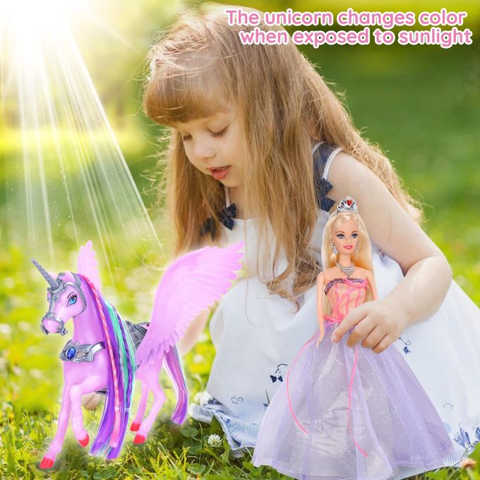 Bettina Color Changing Unicorn & Princess Doll, Color Change on Whole Unicorn Under Sunshine, 11.5'' Princess Doll Toy, Unicorn Toys with Removable Saddle&Wings - Image 2