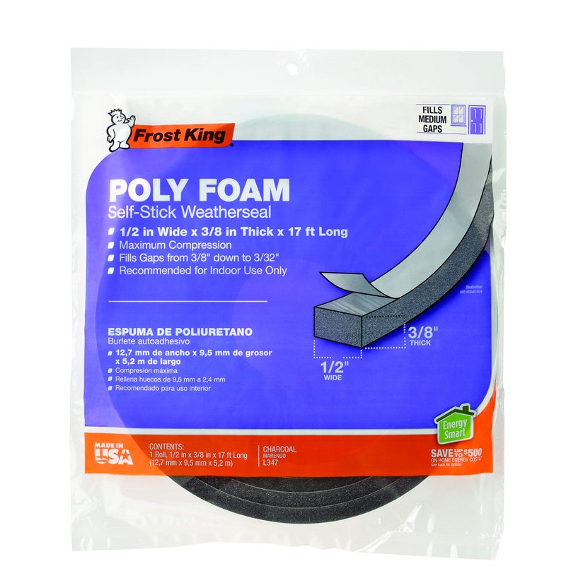 Frost King L347 Self-Adhesive Open Cell Tape, 17 Ft L X 1/2, Polyfoam, Charcoal, 3/8" W, 1/4" T - Image 1
