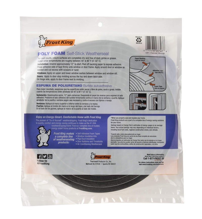 Frost King L347 Self-Adhesive Open Cell Tape, 17 Ft L X 1/2, Polyfoam, Charcoal, 3/8" W, 1/4" T - Image 2