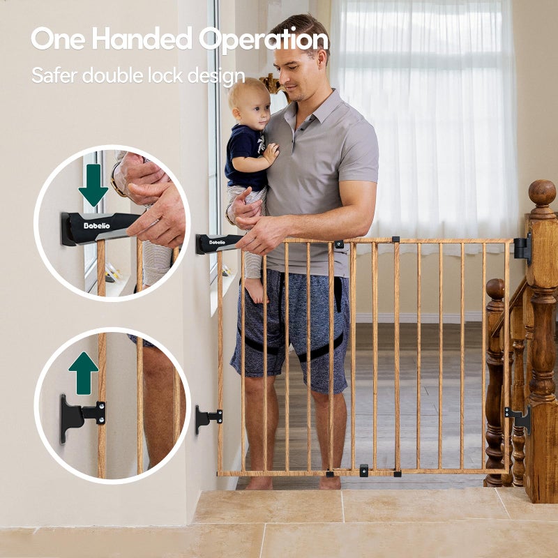 Babelio Baby Gate for Stairs & Doorways, 26-43" W 28" H No Bottom Bar| Easy Installation| One-Handed Operation| Auto-Close| Hardware Mount (Drill Needed) Safety Dog/Pet Gate (Brown Wood Pattern) - Image 5