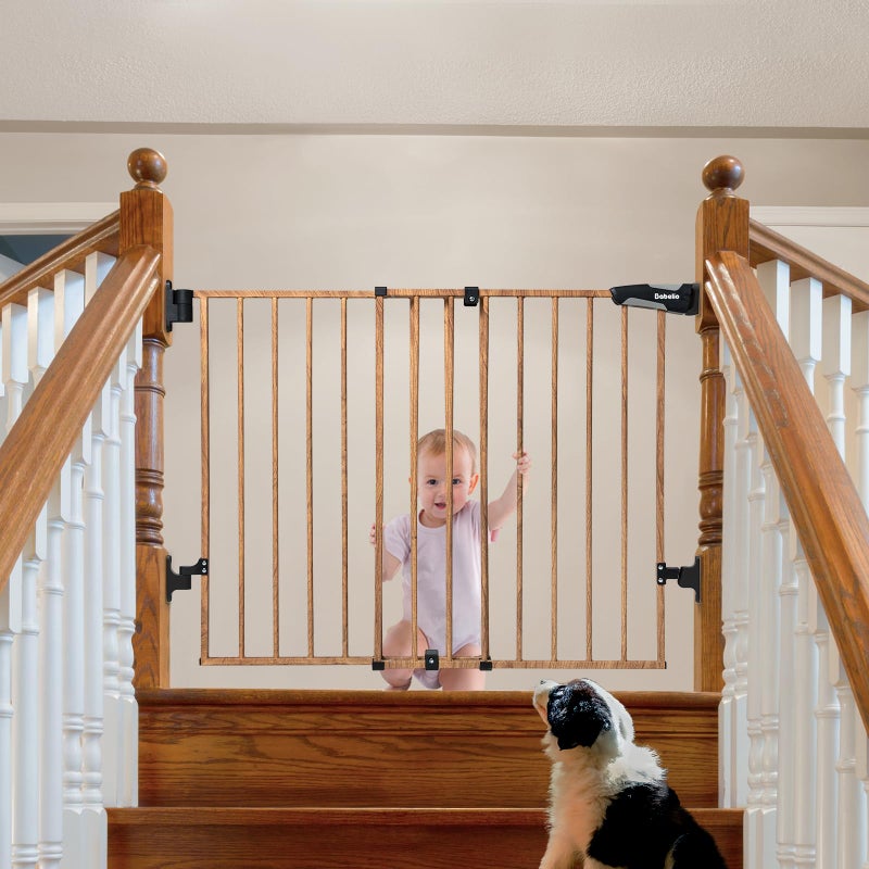Babelio Baby Gate for Stairs & Doorways, 26-43" W 28" H No Bottom Bar| Easy Installation| One-Handed Operation| Auto-Close| Hardware Mount (Drill Needed) Safety Dog/Pet Gate (Brown Wood Pattern) - Image 1