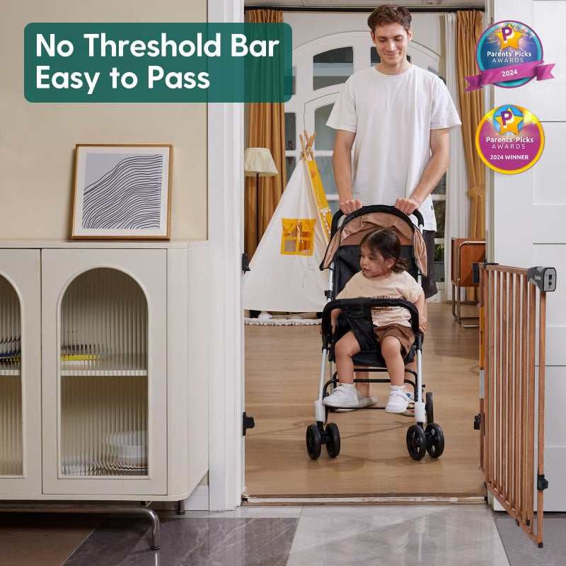 Babelio Baby Gate for Stairs & Doorways, 26-43" W 28" H No Bottom Bar| Easy Installation| One-Handed Operation| Auto-Close| Hardware Mount (Drill Needed) Safety Dog/Pet Gate (Brown Wood Pattern) - Image 2