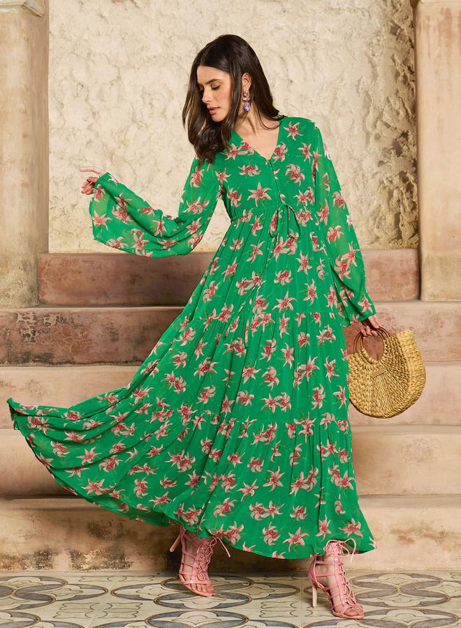 SASSAFRAS Green Floral Print Front Drawstring Maxi Dress - Image 1