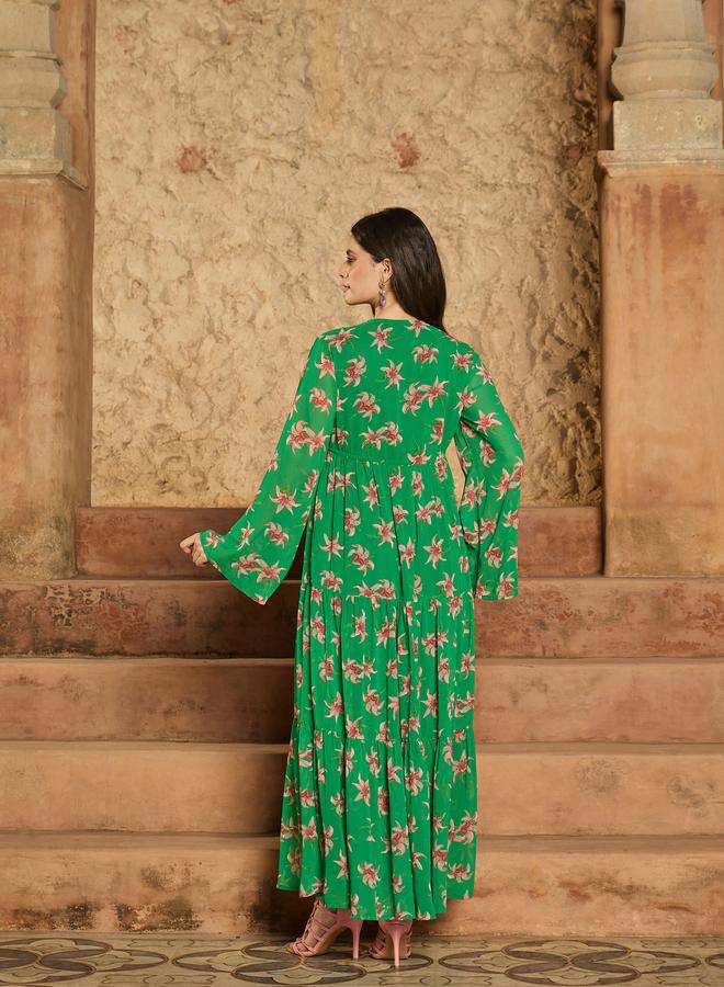 SASSAFRAS Green Floral Print Front Drawstring Maxi Dress - Image 5