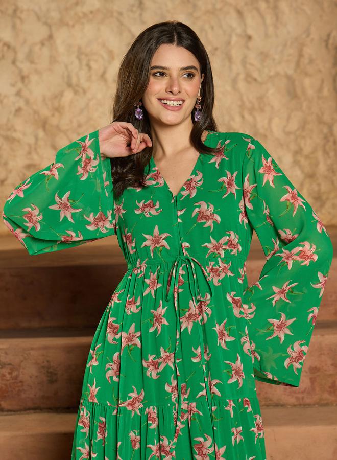 SASSAFRAS Green Floral Print Front Drawstring Maxi Dress - Image 4