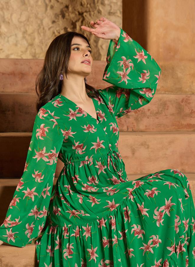 SASSAFRAS Green Floral Print Front Drawstring Maxi Dress - Image 2