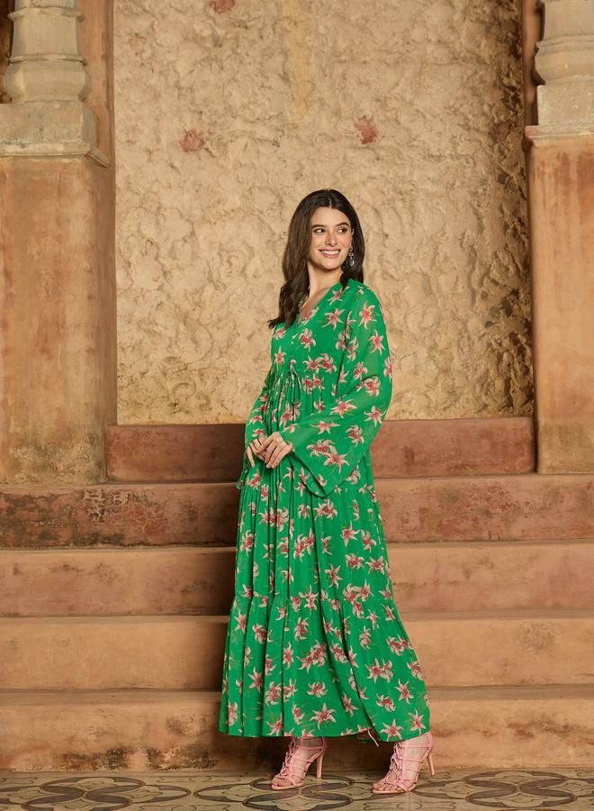 SASSAFRAS Green Floral Print Front Drawstring Maxi Dress - Image 3