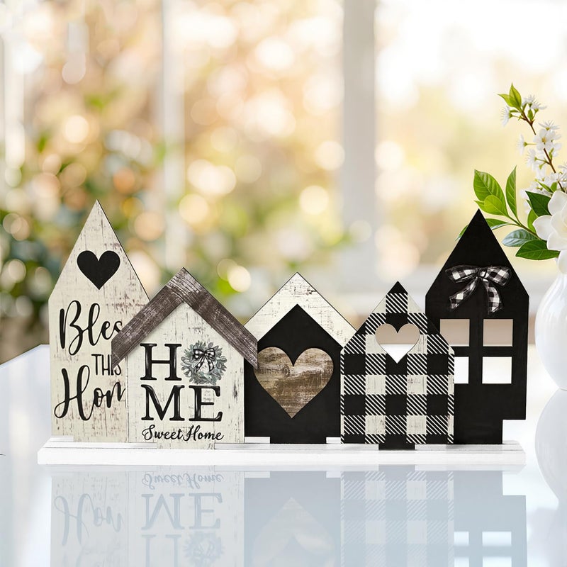 Sm:)e Smile Wooden Indoor Decorations Standing Signs, 4pcs Small House Shapes, Wooden Holiday Decor Shelf Table Sign - Image 3