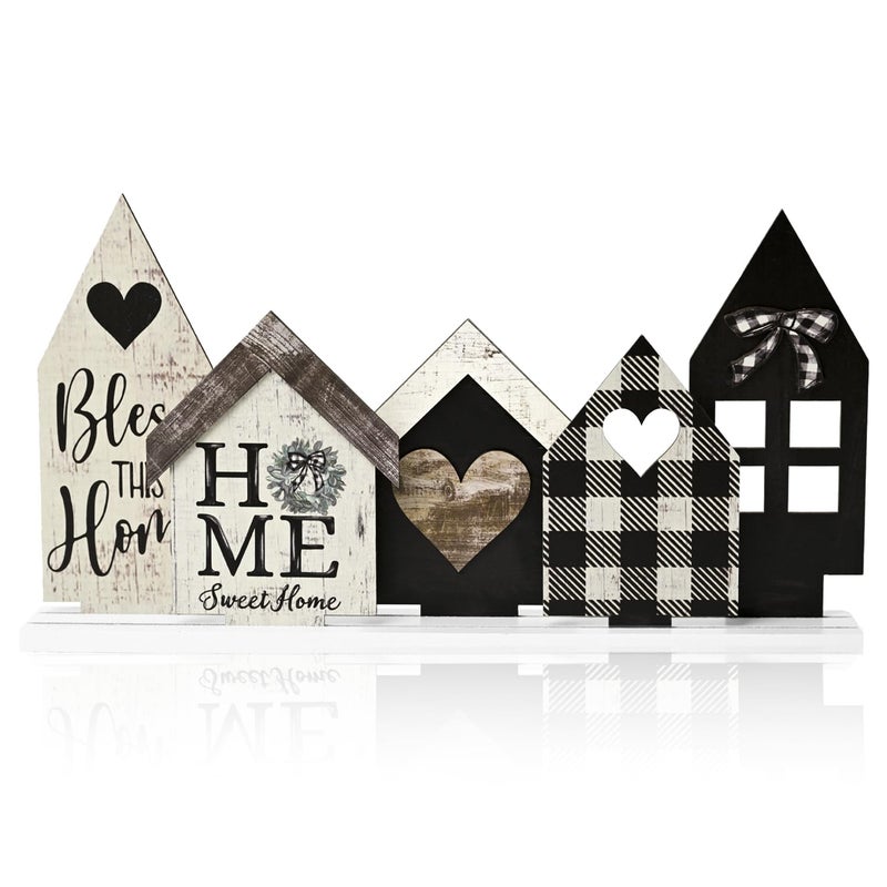 Sm:)e Smile Wooden Indoor Decorations Standing Signs, 4pcs Small House Shapes, Wooden Holiday Decor Shelf Table Sign - Image 1