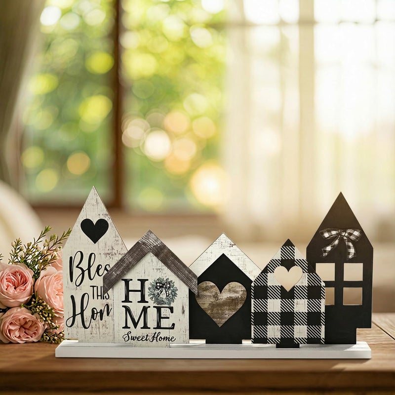 Sm:)e Smile Wooden Indoor Decorations Standing Signs, 4pcs Small House Shapes, Wooden Holiday Decor Shelf Table Sign - Image 4