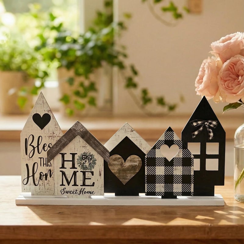 Sm:)e Smile Wooden Indoor Decorations Standing Signs, 4pcs Small House Shapes, Wooden Holiday Decor Shelf Table Sign - Image 5