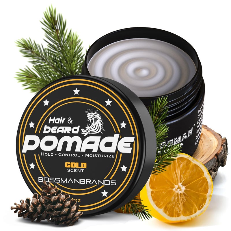 Bossman Hair & Beard Pomade - All Day Hold, Control and Moisturizing Hair, Beard and Moustache Styling Product - Natural Strong Hold Pomade - Made in USA (Gold Scent) - Image 1