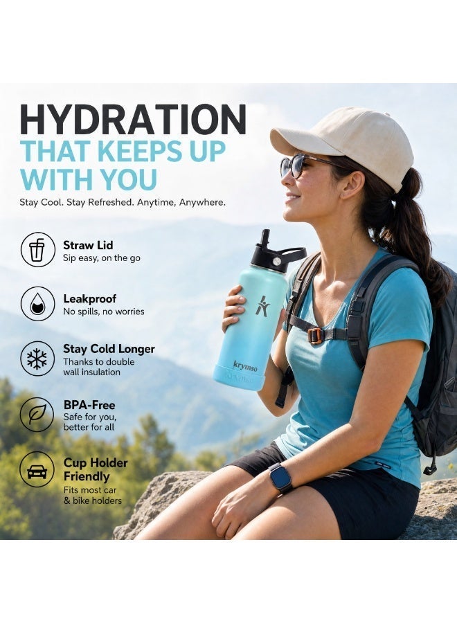 KRYMSO 950ml Stainless Steel Water Bottle, Sports Bottle with Straw, Double Wall Insulated Water Bottle, Thermos Flask, Water Bottle for kids, Gym - Image 2