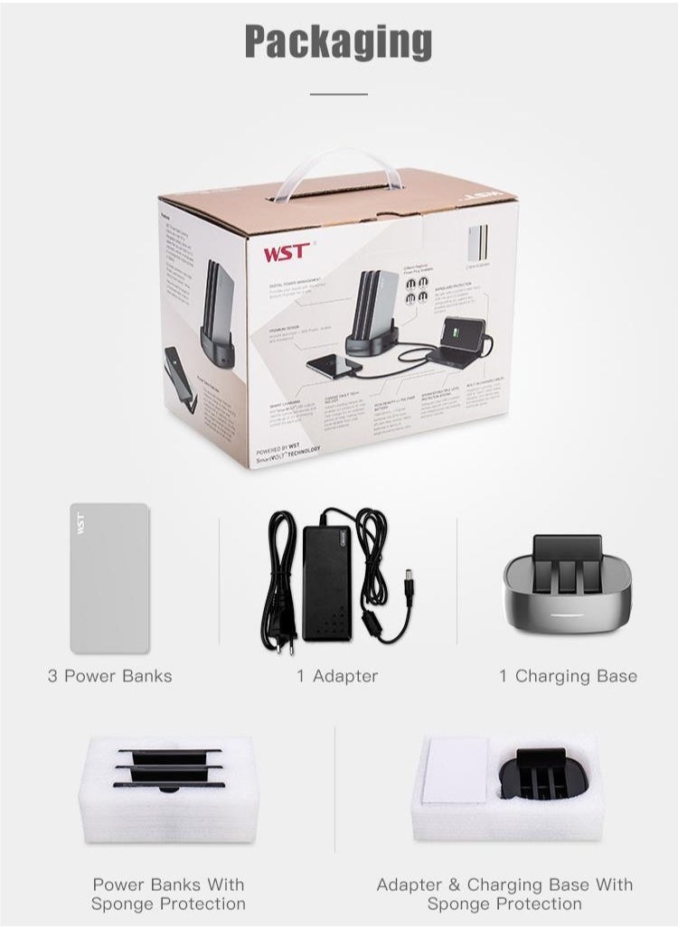 WST - WST Powerbanks Charger Station 3in1 Portable Battery Pack Built In Cable Compatible with Lightning USB-C Micro USB Fast Charging Compact Slim 8000mAh Compatible with iPhone Samsung iPad (Gold) - Image 1