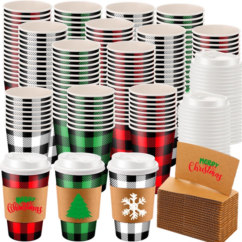 Layhit 120 Sets 16 oz Christmas Disposable Coffee Cups with Lids and Sleeves Christmas Paper Cups Red White Buffalo Plaid Party Cups for Hot Cocoa Chocolate and Cold Drinks Xmas Holiday Supplies