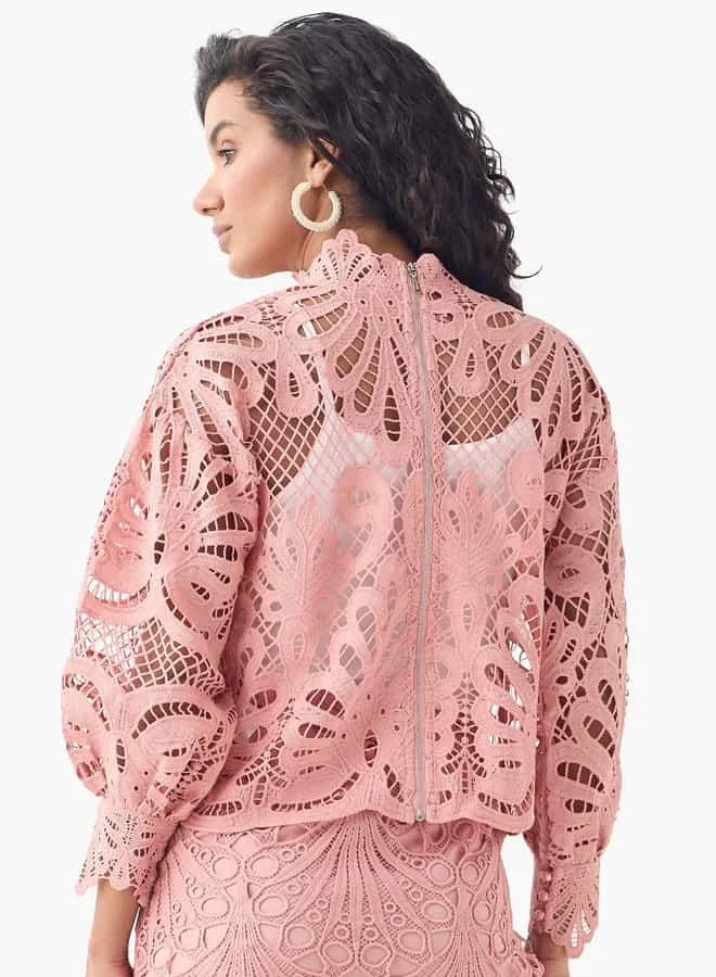2Xtremz 2Xtremz Lace Detail Top with High Neck and Long Sleeves