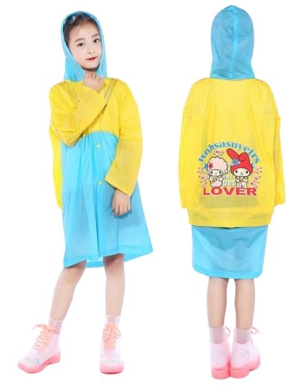 WKLOUYHE Girl's Kids PVC Waterproof Long Waterproof Children Rainwear with Hood School Bag Cover & Carry Pouch_Pack OF 01(Blue,8-9 Years) - Image 1