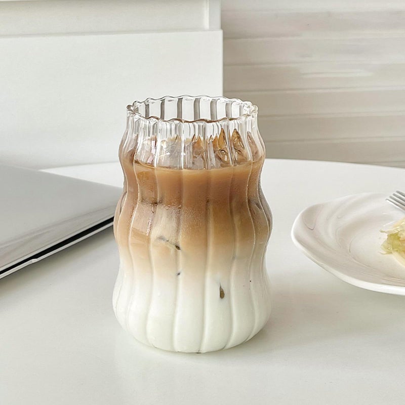 Dxmimer Vintage Ribbed Glassware Water Tumbler, 18 oz Aesthetic Ripple Glass Tumbler, Ripple Glassware Coffee Cup, Cute Glass Tumbler for Iced Coffee Juice Drink Milk (big stripes-Small Mouth) - Image 1