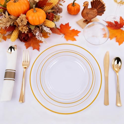 WELLIFE 210PCS Clear-Gold Plastic Plates - Dinnerware Sets for 30 Guests - 60 Disposable Plates, 90 Plastic Silverware, 30 Cups, 30 Napkins for Party - Image 3