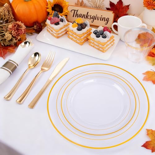 WELLIFE 210PCS Clear-Gold Plastic Plates - Dinnerware Sets for 30 Guests - 60 Disposable Plates, 90 Plastic Silverware, 30 Cups, 30 Napkins for Party - Image 4