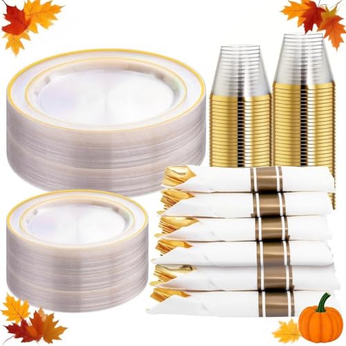 WELLIFE 210PCS Clear-Gold Plastic Plates - Dinnerware Sets for 30 Guests - 60 Disposable Plates, 90 Plastic Silverware, 30 Cups, 30 Napkins for Party - Image 1