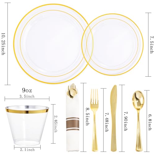 WELLIFE 210PCS Clear-Gold Plastic Plates - Dinnerware Sets for 30 Guests - 60 Disposable Plates, 90 Plastic Silverware, 30 Cups, 30 Napkins for Party - Image 2