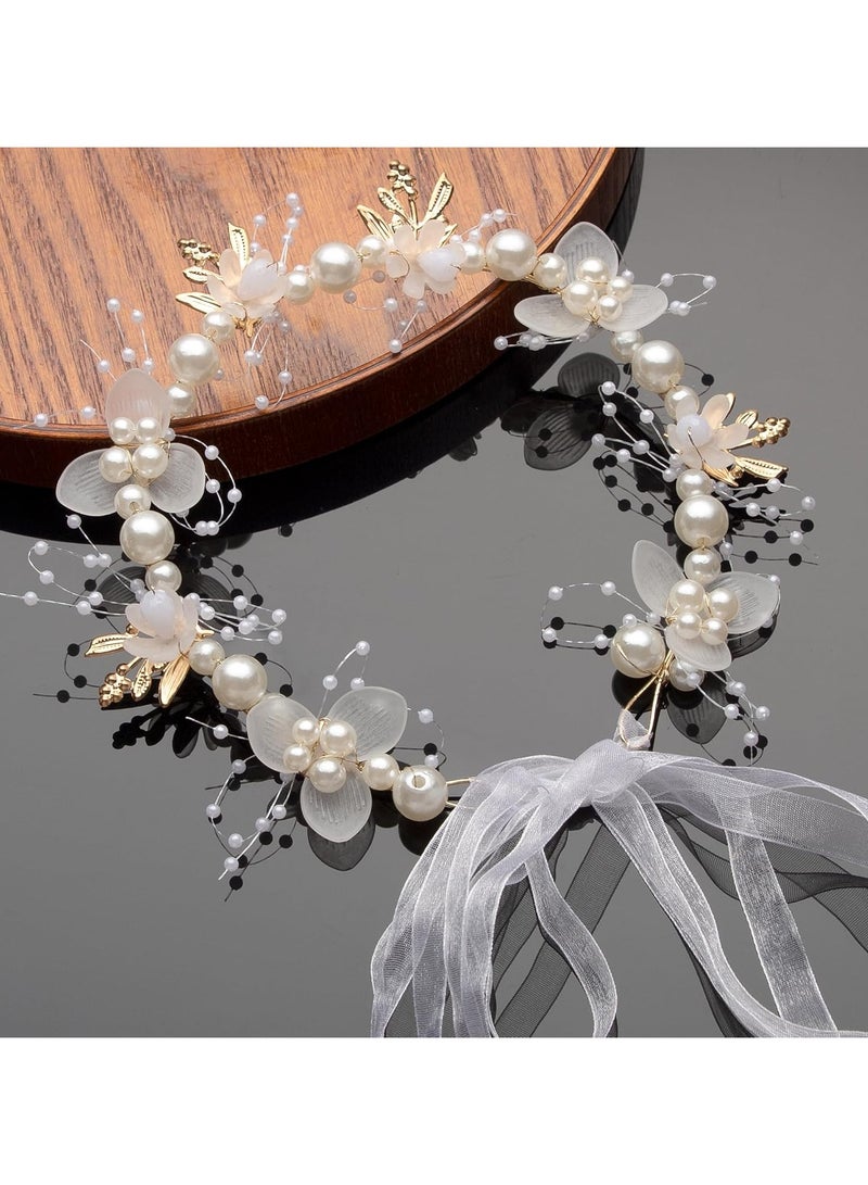 نورة إكليل زهور للبنات، إكسسوارات شعر لفتاة الزهور، إكسسوارات شعر أميرات من الكريستال واللؤلؤ، مناسب للمراهقات والنساء (أبيض) - Image 2