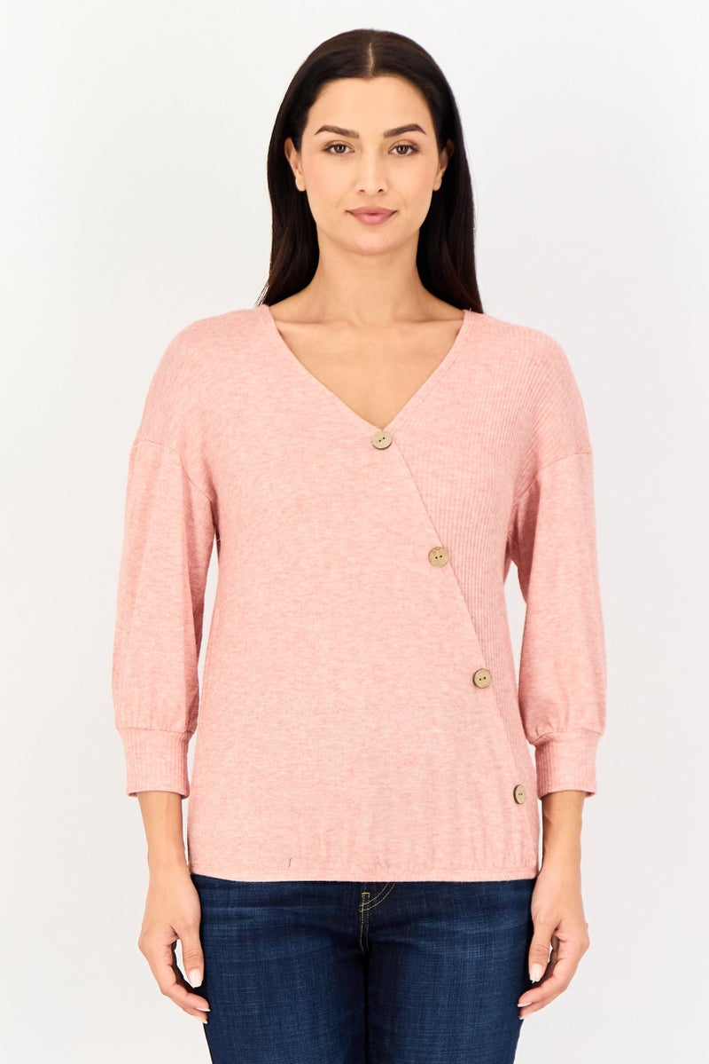 ADRIENNE VITTADINI Women V-Neck Heather Sweater, Pink - Image 1