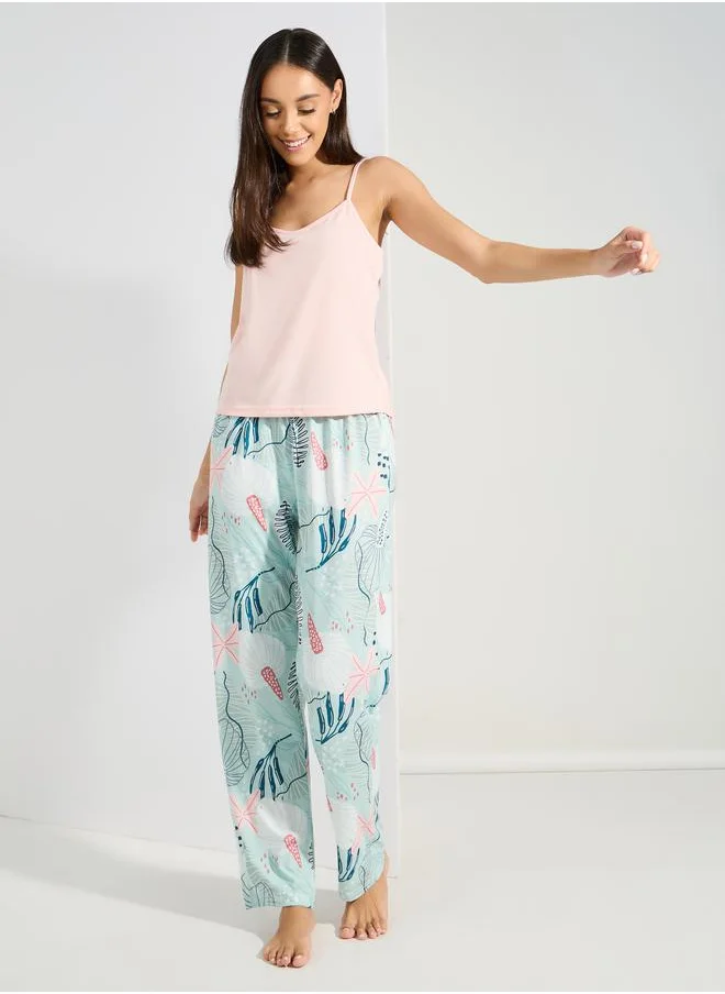 Styli Solid Cami & Tropical Print Pyjama Set