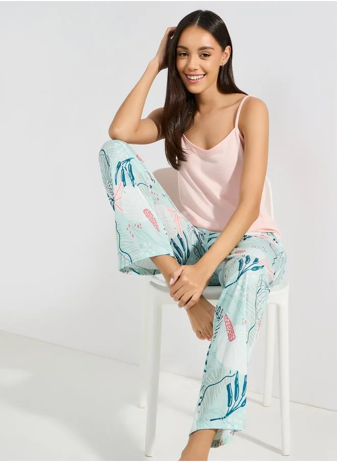 Styli Solid Cami & Tropical Print Pyjama Set