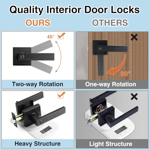 AIKKIL Black Interior Door Handle Square Keyless Door Lock Set, 5 Pack Privacy Door Levers Handle for Bedroom or Bathroom, Heavy Duty Door Handles with Reversible Handle for Left Right Sided Doors - Image 4