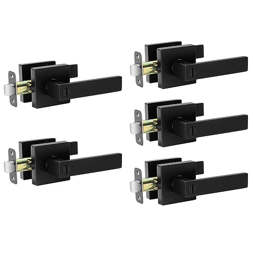 AIKKIL Black Interior Door Handle Square Keyless Door Lock Set, 5 Pack Privacy Door Levers Handle for Bedroom or Bathroom, Heavy Duty Door Handles with Reversible Handle for Left Right Sided Doors - Image 1