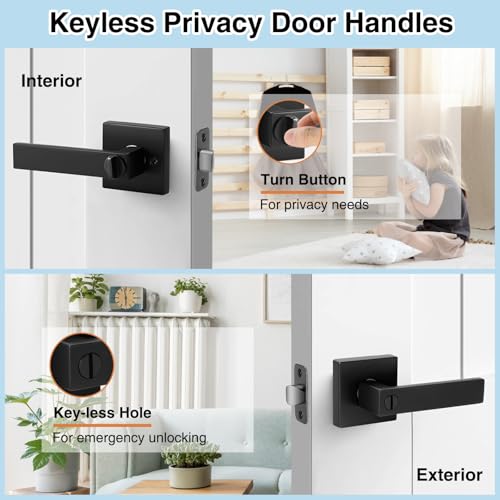 AIKKIL Black Interior Door Handle Square Keyless Door Lock Set, 5 Pack Privacy Door Levers Handle for Bedroom or Bathroom, Heavy Duty Door Handles with Reversible Handle for Left Right Sided Doors - Image 2