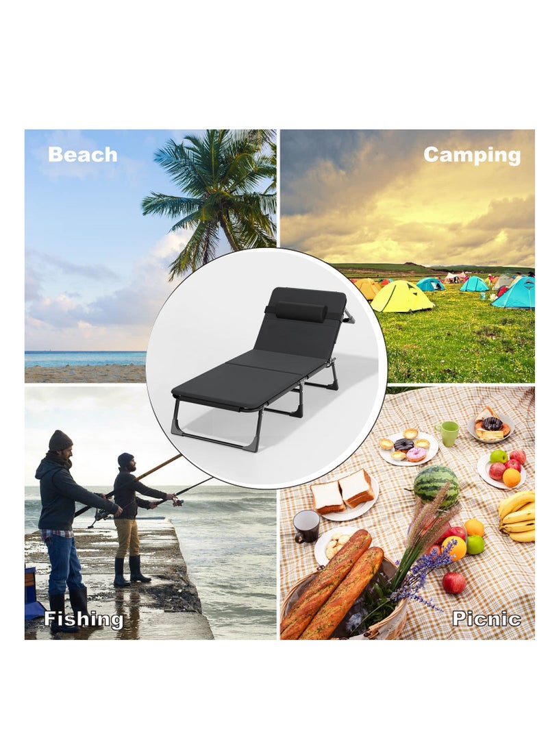 Adjustable Beach Chair with Cushion Portable Camping Reclining Chair for Outdoor Lawn Patio Sunbathing Black