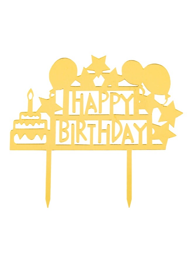 Restaurantware Top Cake 5.8 x 5.3 Inch Happy Birthday Cake Topper, 1 Mirrored Birthday Cake Decoration - With Stars, Balloons, And Cake, Durable, Gold Acrylic Birthday Topper For Cakes - Image 1