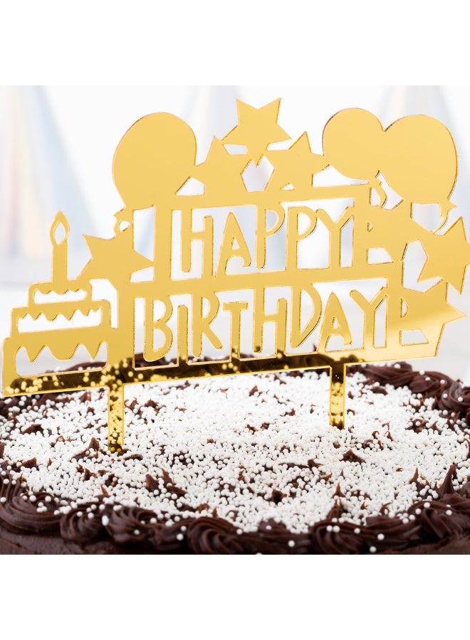 Restaurantware Top Cake 5.8 x 5.3 Inch Happy Birthday Cake Topper, 1 Mirrored Birthday Cake Decoration - With Stars, Balloons, And Cake, Durable, Gold Acrylic Birthday Topper For Cakes - Image 3